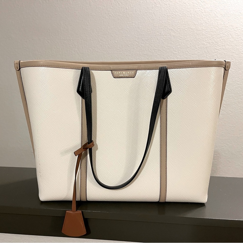 Tory Burch Perry Triple-Compartment Tote Bag Leather White Black Tan